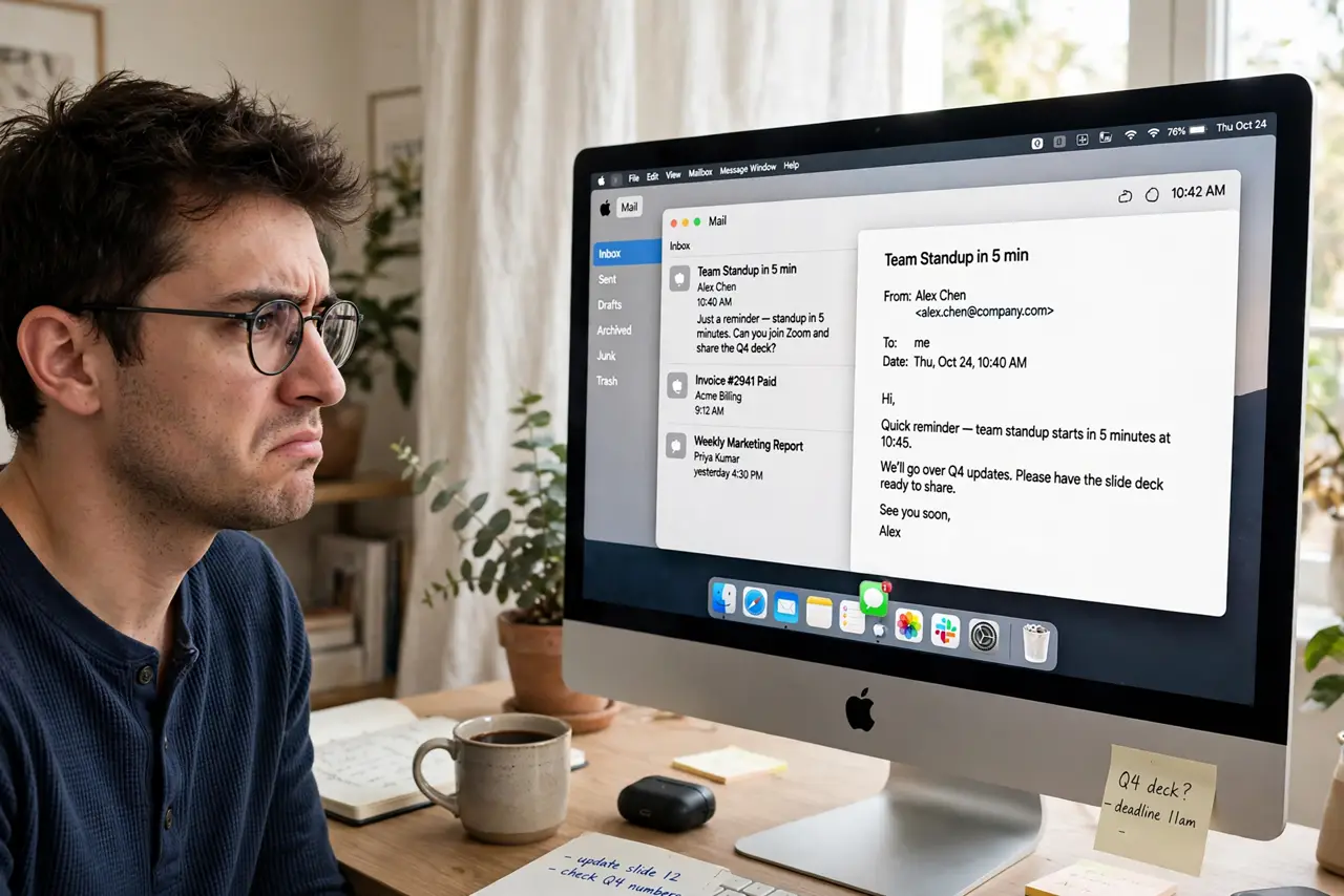 A person using a real Mac glancing at the Dock where one app icon is bouncing, the screen fully legible, the person's face mildly annoyed, home office.