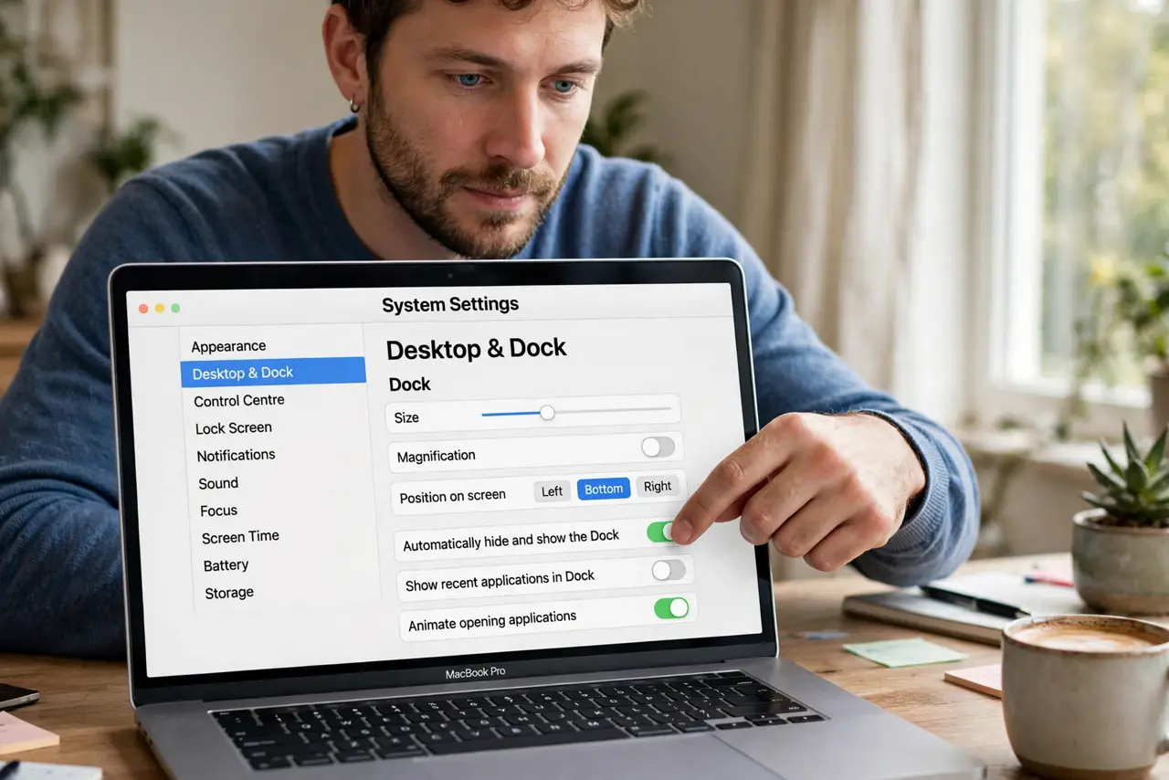 A person performing step 1 of the guide: Turn on Dock auto-hide. Go to System Settings > Desktop & Dock and enable 'Automatically hide and show the Dock.' Full-screen apps expect...