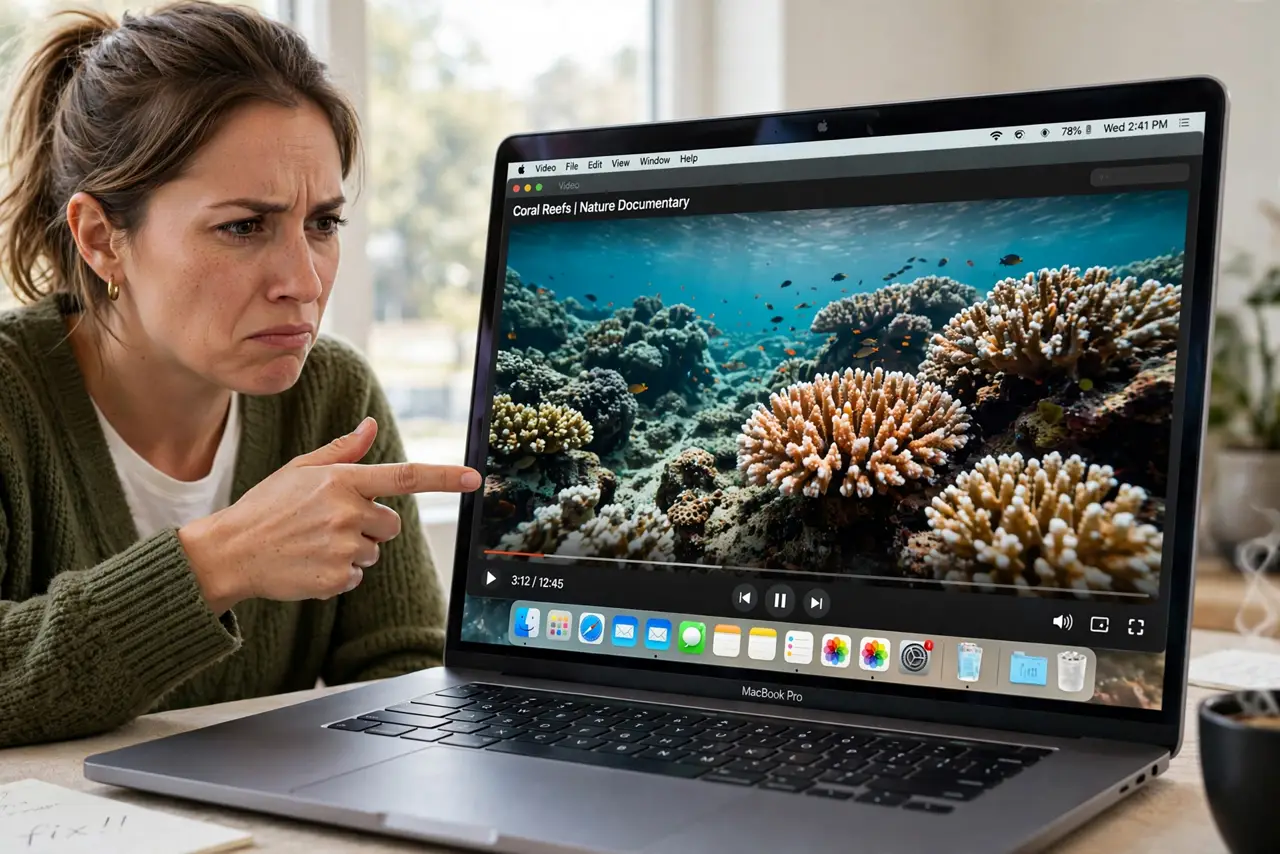 an annoyed adult watching a video full-screen on a real Mac with the Dock stubbornly visible over the video, fully legible screen, the person gesturing at it.
