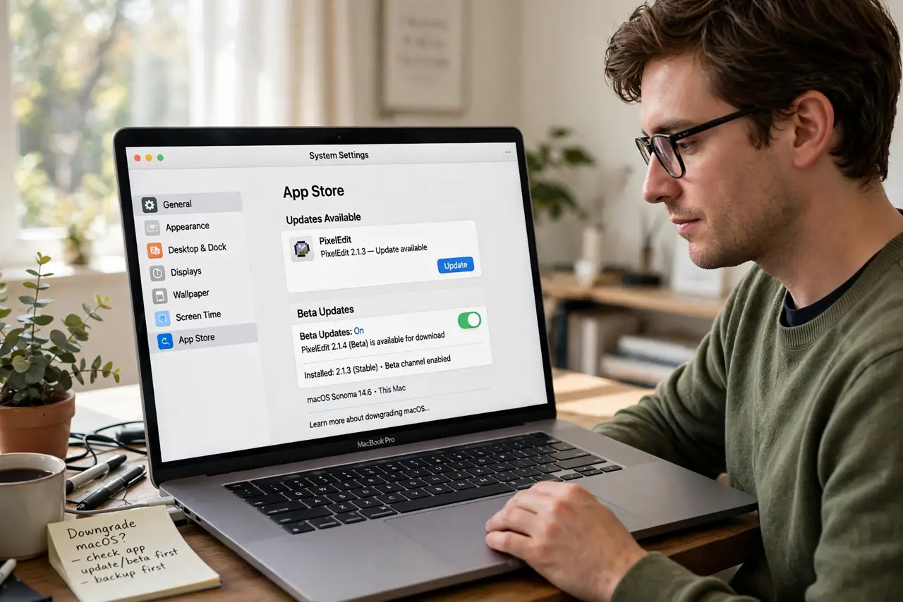 Photoreal photo of a person performing the first step: Confirm you actually need to. Most post-upgrade pain is temporary — app developers ship compatibility updates within weeks. Check whether your broken ...
