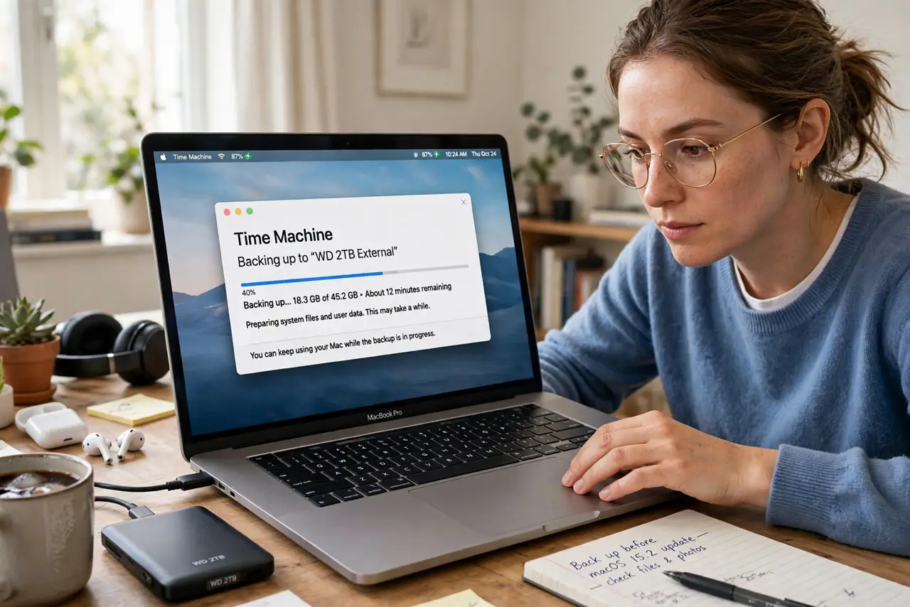 Photoreal photo: a person backing up a real Mac before a system change, an external drive connected, the screen showing a backup progress with legible text, the person's face serious and careful, home office. No black sc