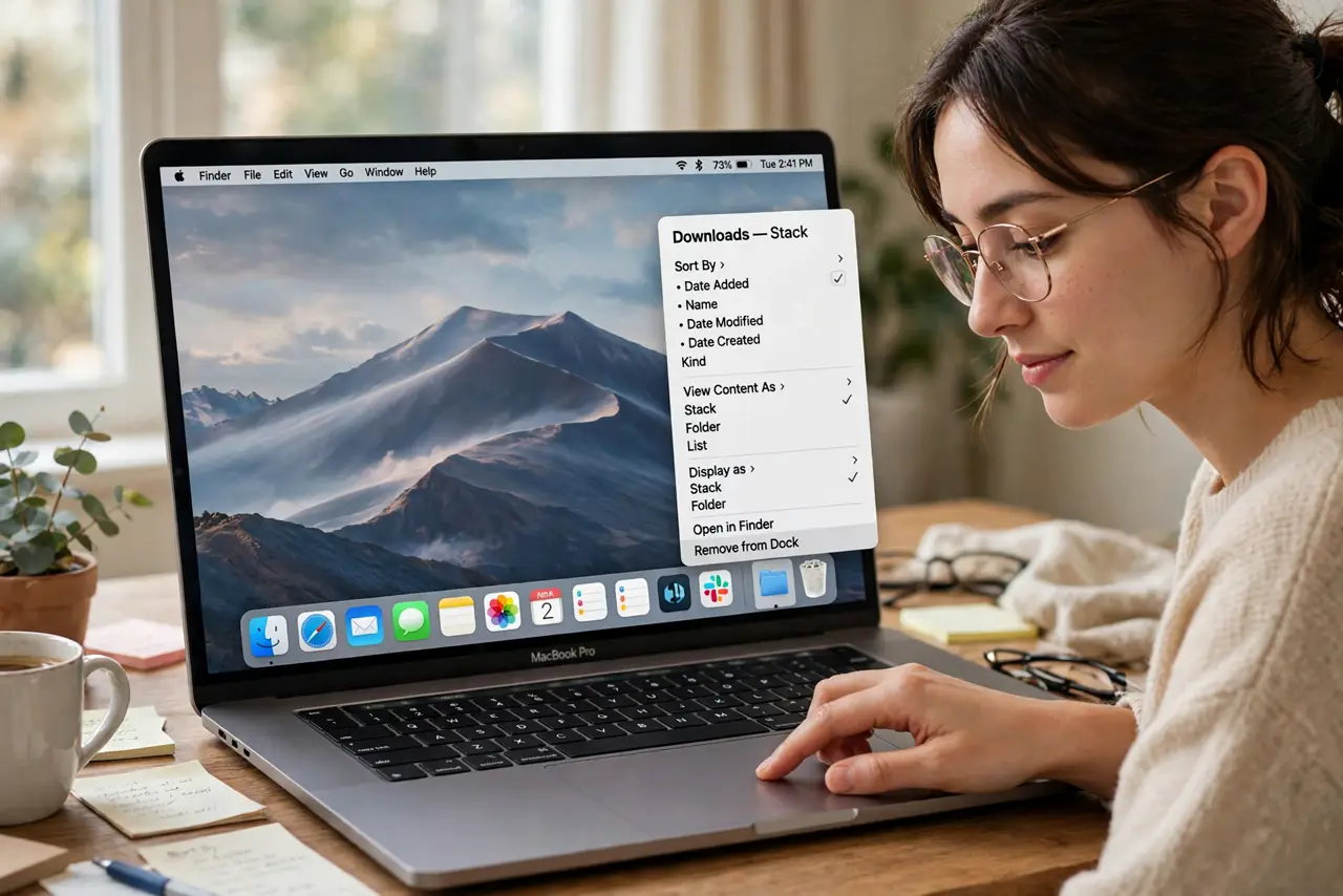 A person performing the first step: Right-click the Downloads stack. It's the stack nearest the Trash in the Dock. The.