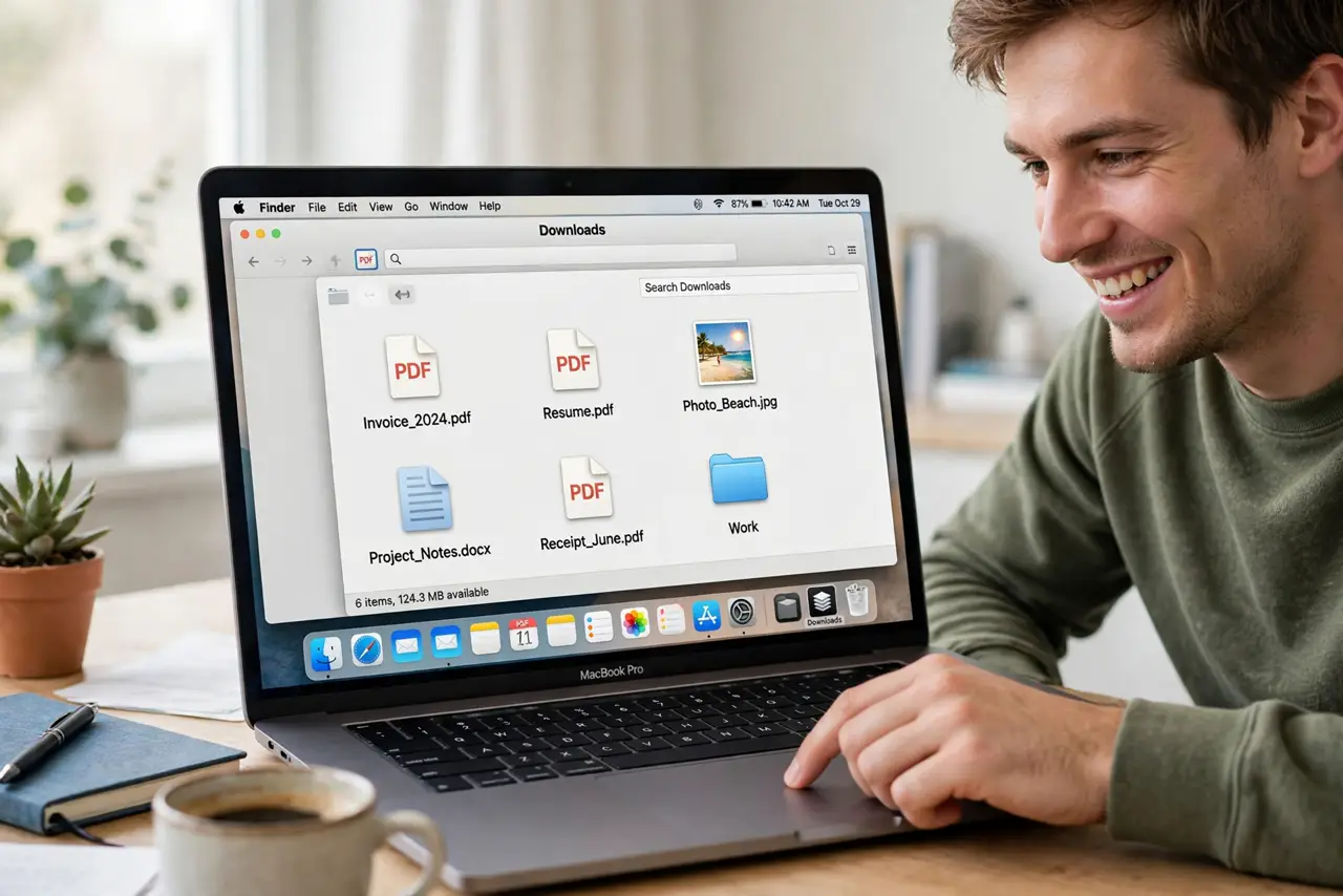 A person clicking the Downloads stack in the Dock on a real Mac with the grid view of files legible on screen, the