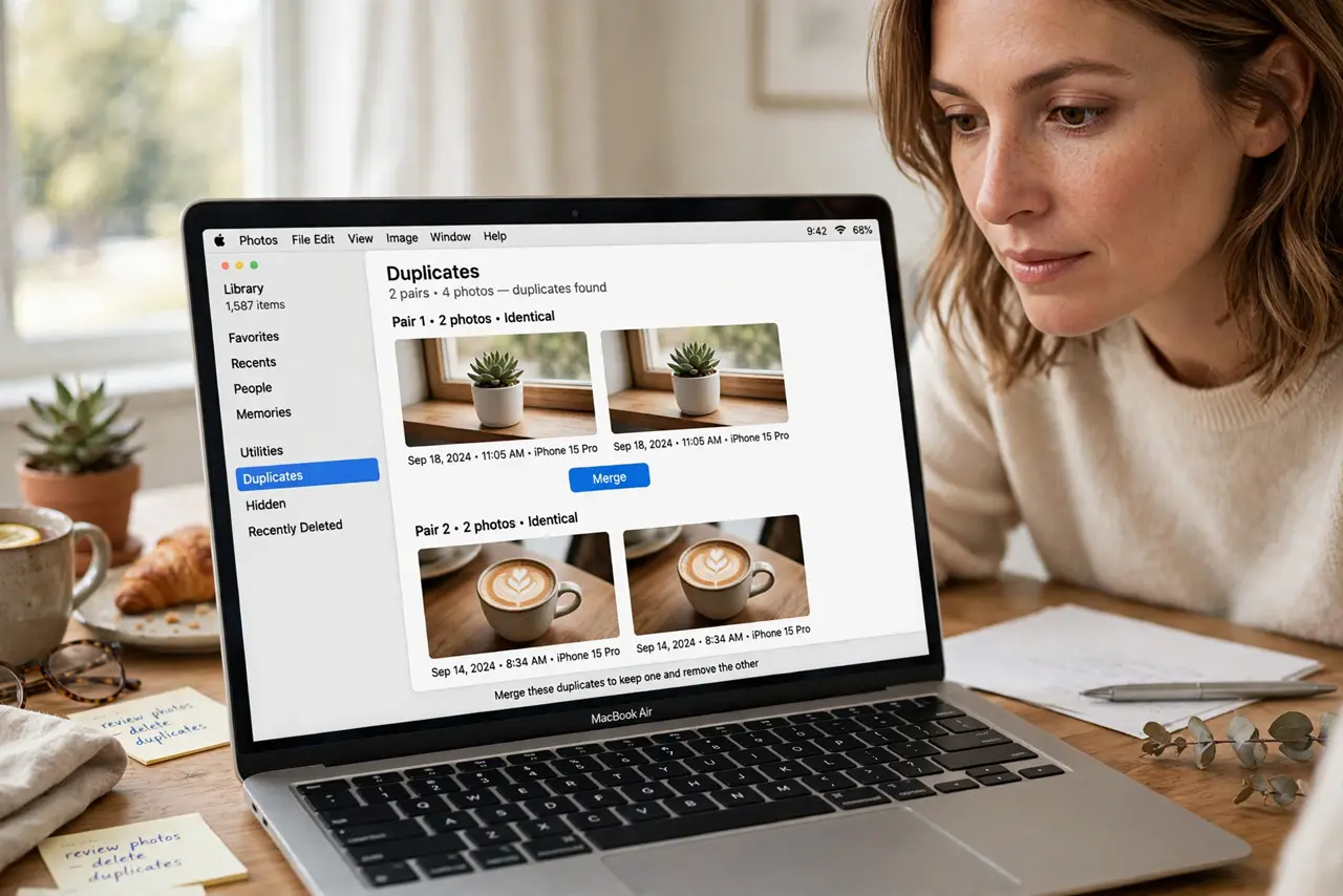 A person looking at a real MacBook showing the Photos app Duplicates album with legible duplicate photo pairs, the person's face focused, home desk.