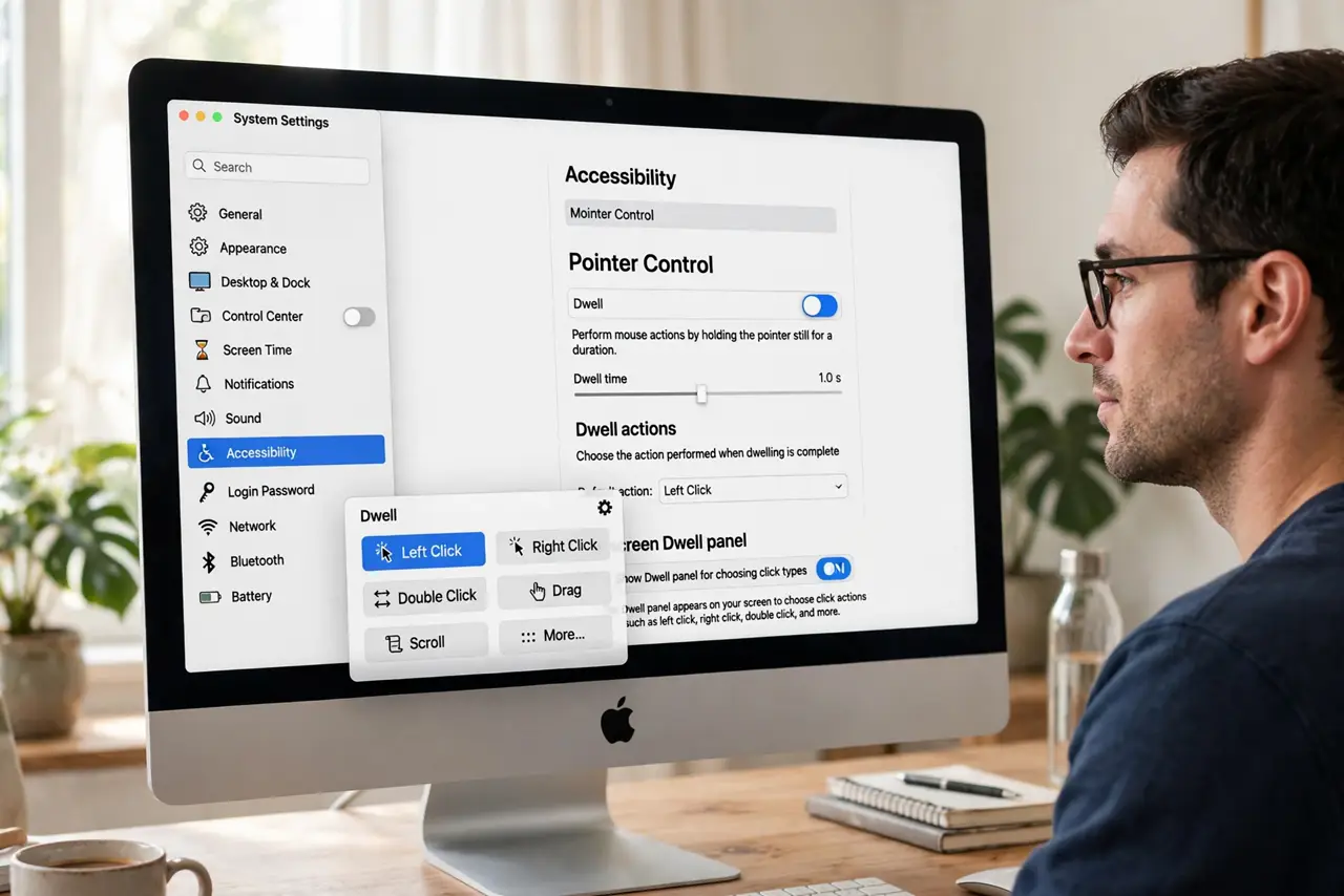A person performing step 1: Enable Dwell. Go to System Settings > Accessibility > Pointer Control and turn on Dwell. An on-screen panel ap.