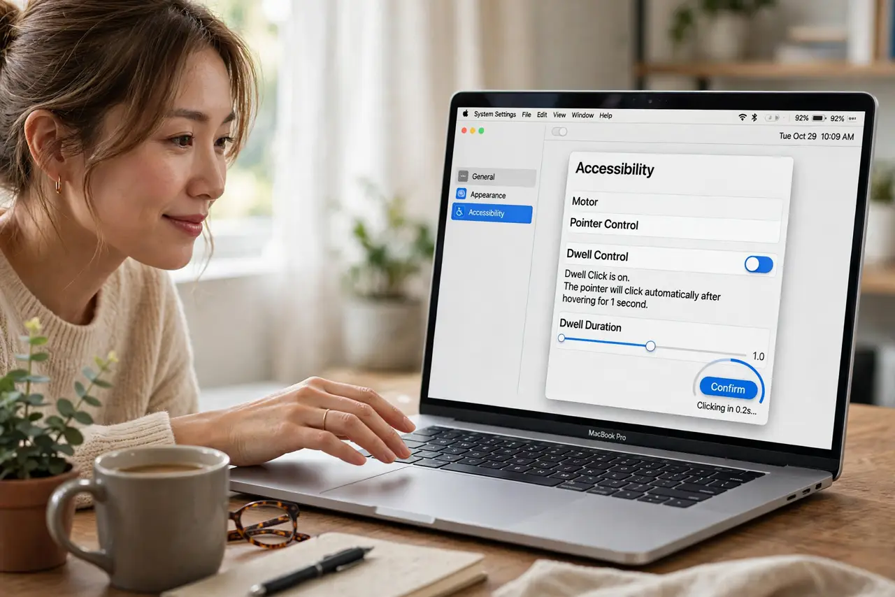 A person's hand hovering relaxed above a real Mac trackpad without pressing, a real Mac screen showing a button about to be dwell-clicked, the person's face relieved, desk.
