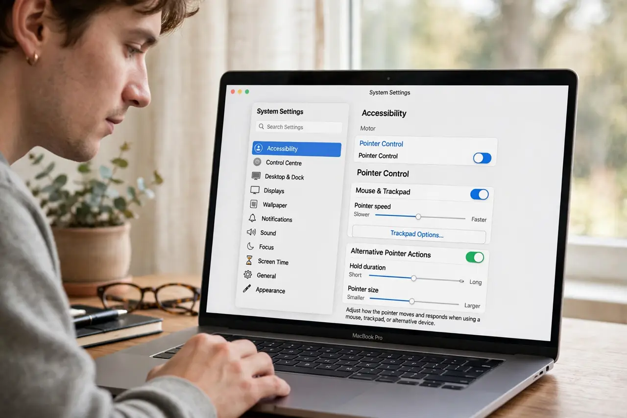 A person performing step 1: Open Pointer Control settings.