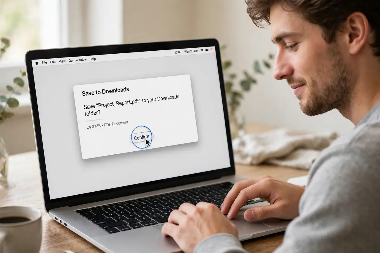 A person resting the cursor over a button on a real MacBook screen showing the dwell ring timer fully legible, hands hovering without touching the trackpad, the person's face relaxed.