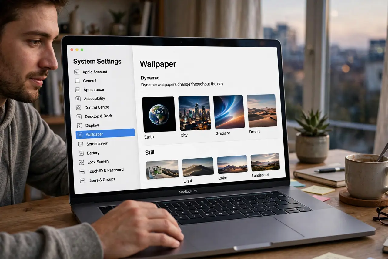 A person performing the first step: Open Wallpaper settings. System Settings > Wallpaper. Apple's built-in dynamic.