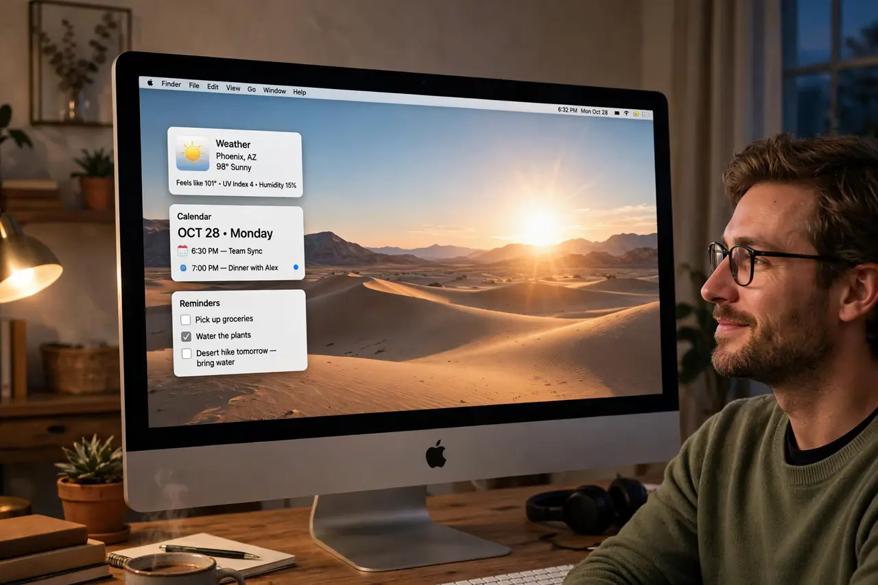 A person admiring a Mac desktop showing a dynamic desert wallpaper with the sun position visibly bright, widgets on
