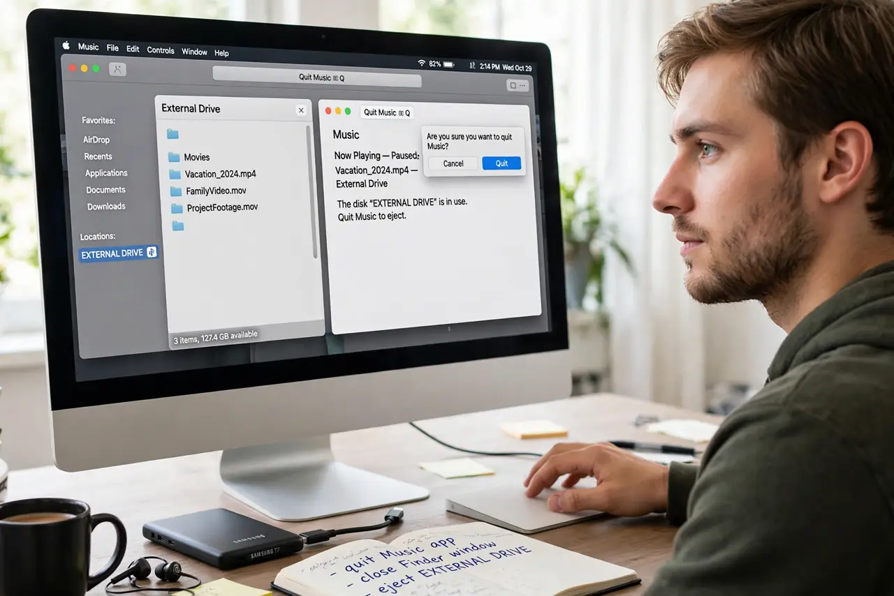 A person performing the first step: Close the obvious apps. Quit anything that opened files from the drive — media.