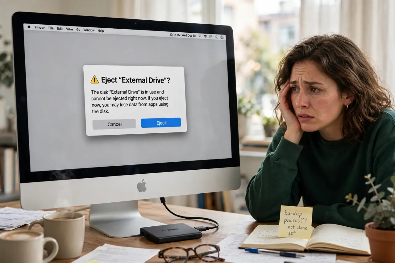 A worried person looking at a real Mac with an external drive connected and the eject warning visible with legible text
