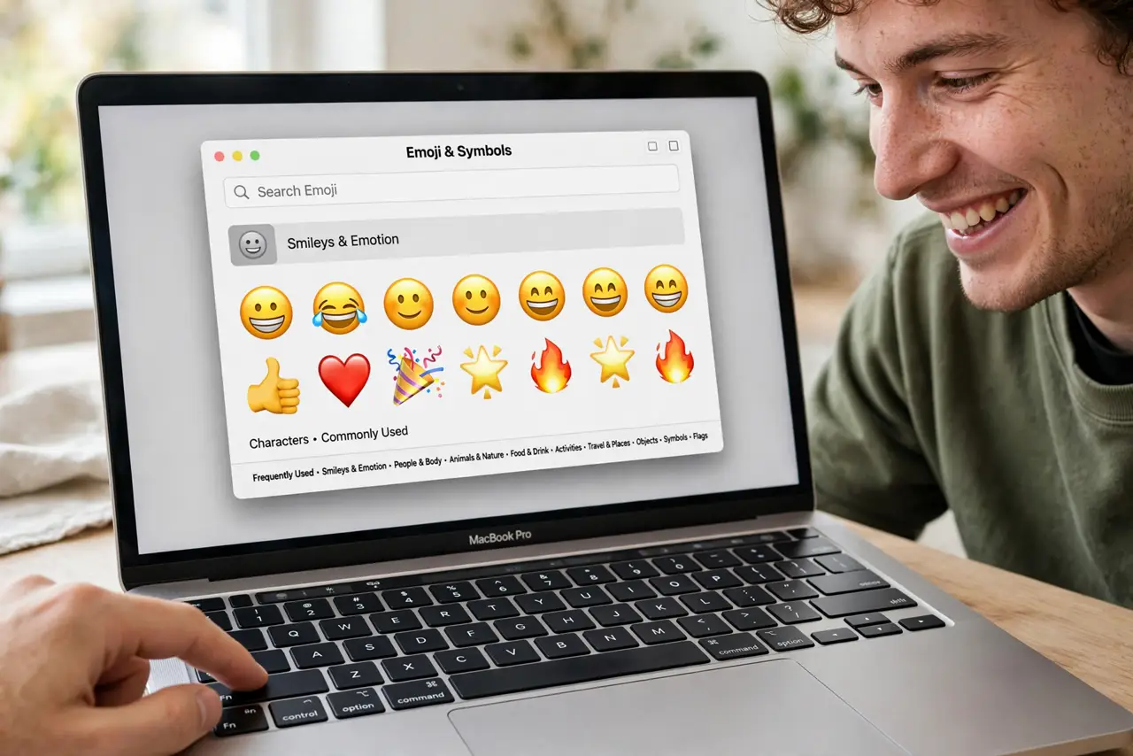 A person pressing the Fn key on a real MacBook keyboard, the emoji picker window open on screen with emoji fully legible, the person's face amused.