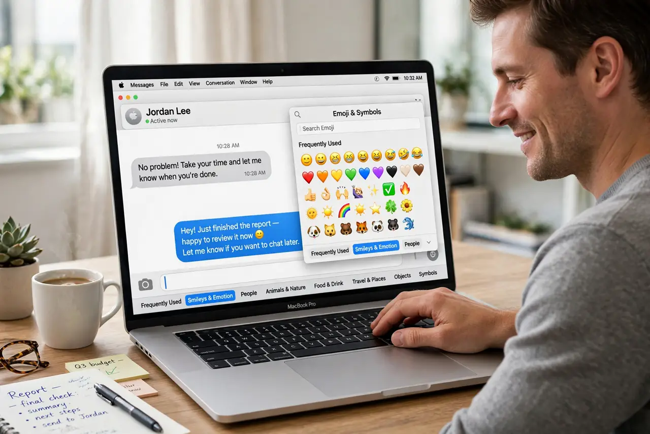 a relaxed adult at a desk with a real Mac laptop open, an emoji picker visible on the real screen complete and legible, the person smiling while typing a message.