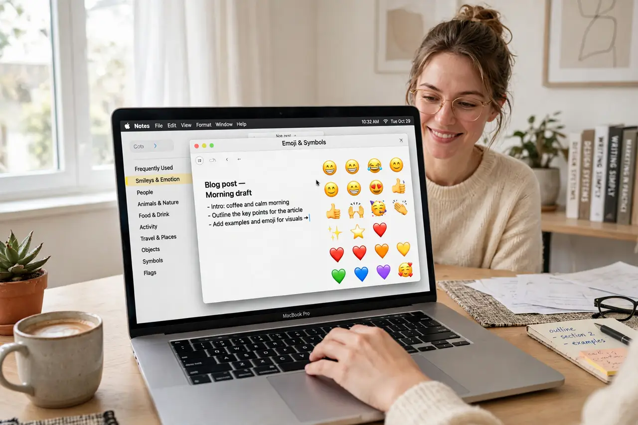 Photoreal photo: a person typing on a real Mac laptop with the emoji and symbols viewer window open showing emoji categories with legible icons, the person's face pleased, bright home office. No black screen, no bl...
