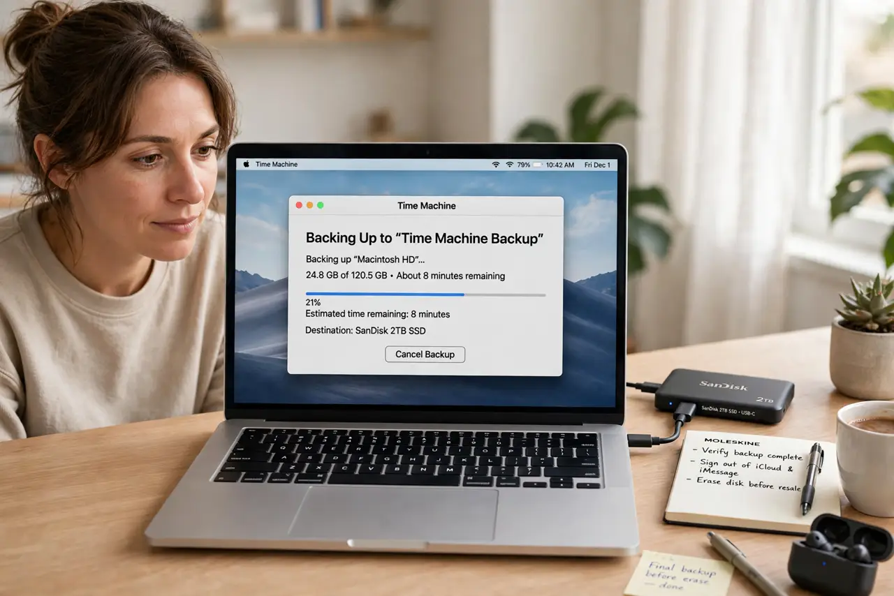 A person performing the first step: Back up what you want to keep. Run a final Time Machine backup or copy files.