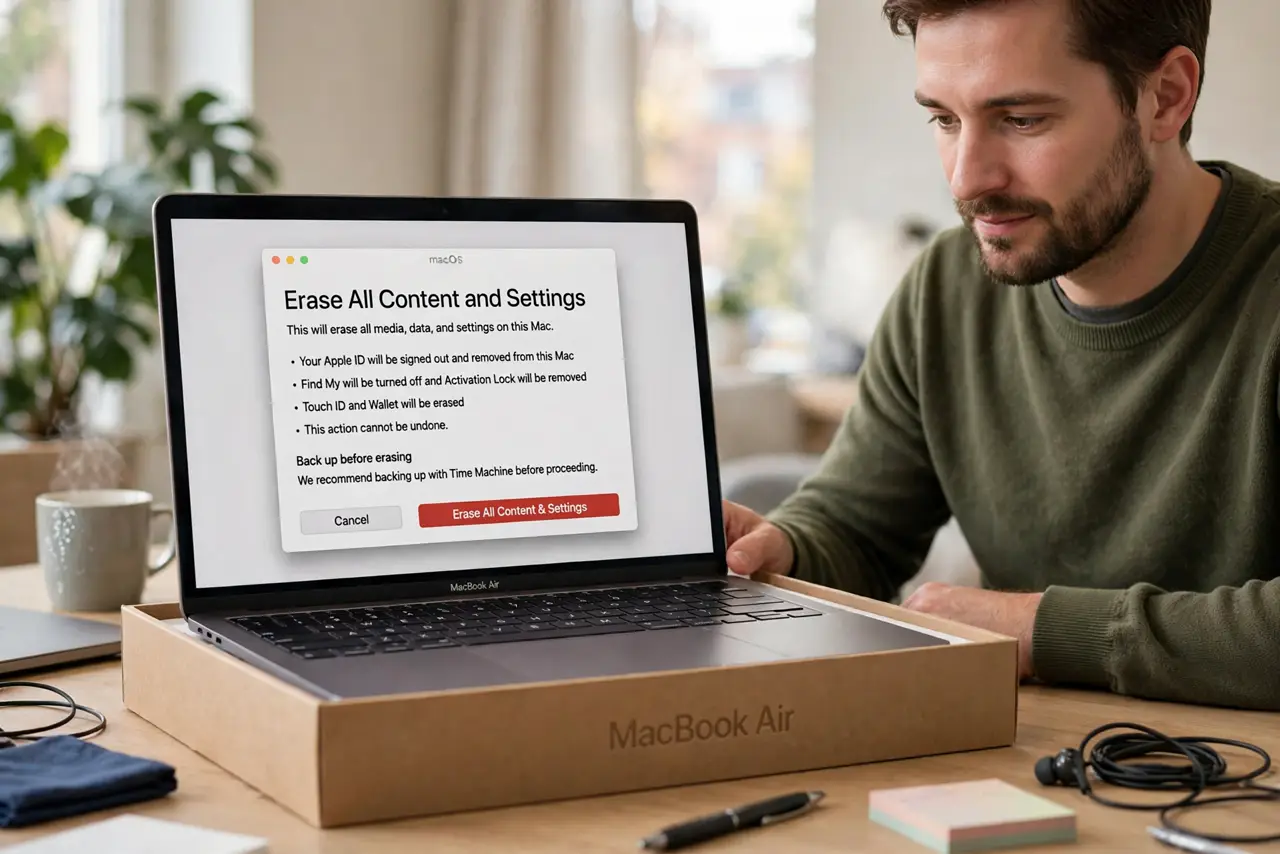A person preparing to hand over a MacBook in its box, the laptop screen showing the Erase All Content and Settings