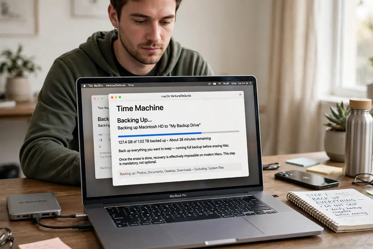 A person performing the first step of the guide: Back up everything you want to keep. Run a full backup before touching anything. Once the erase is done.