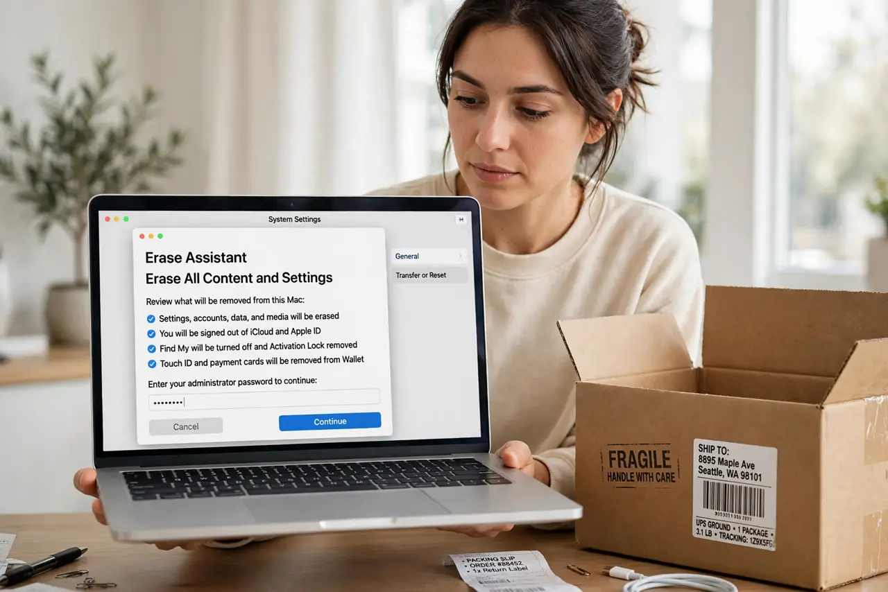 A person holding an open real MacBook showing the Erase Assistant screen with legible text, a shipping box beside it on a desk, the person's face.