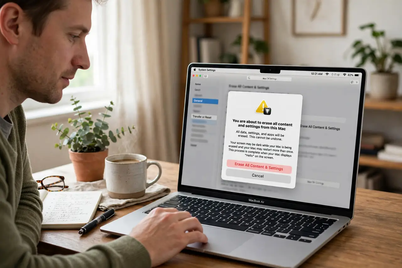 a person erasing a real Mac showing the legible Erase All Content and Settings confirmation, the person's face careful and methodical, home office.
