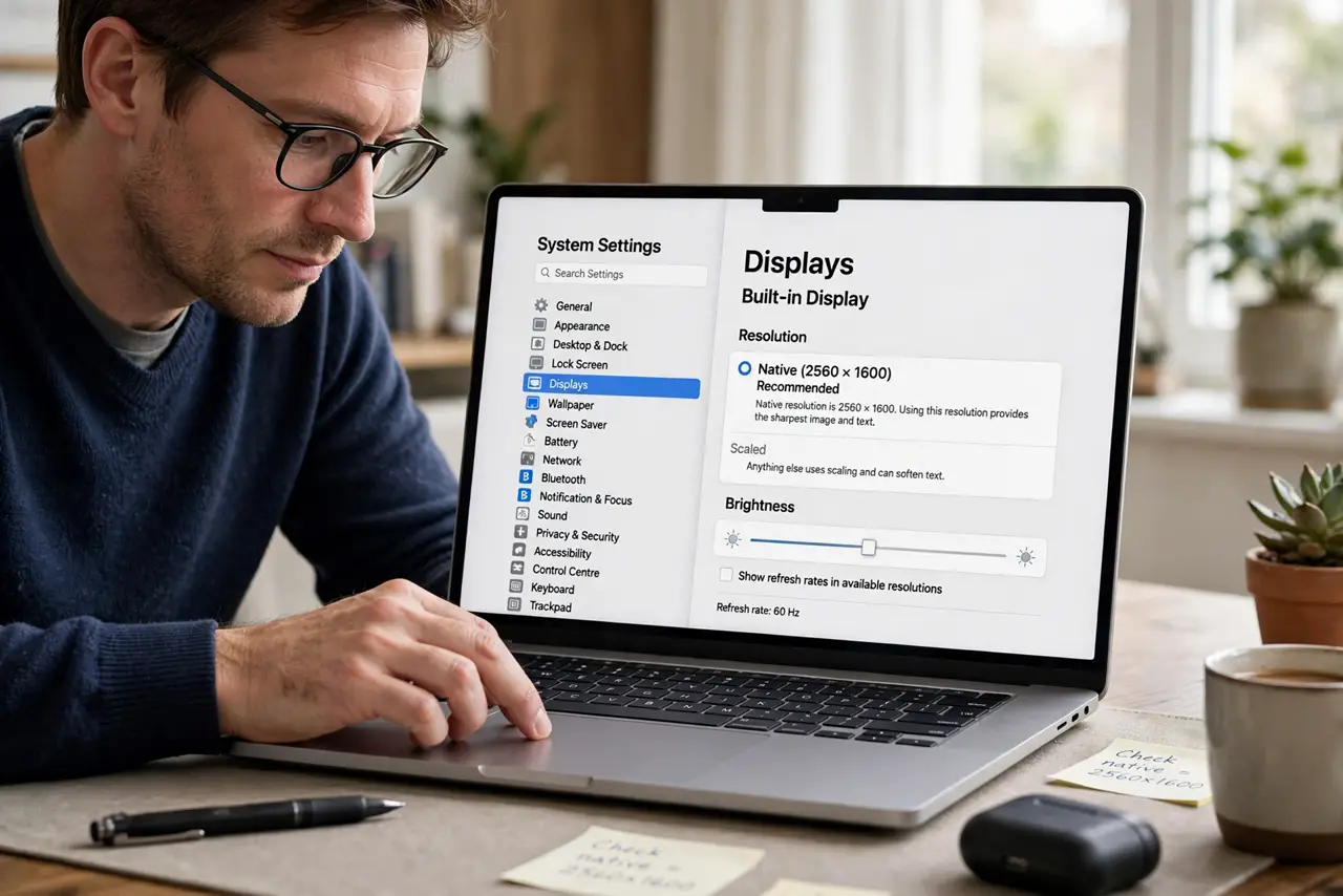 A person performing step 1 of the guide: Select the native resolution. In System Settings > Displays, choose the monitor's native resolution (its actual pixel count). Anything el...