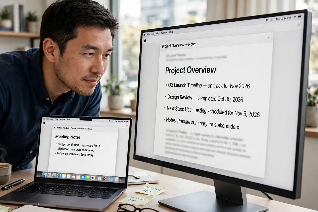 a squinting adult leaning toward a real external monitor showing slightly blurry text with legible letters, a MacBook beside it with a sharp screen for comparison.