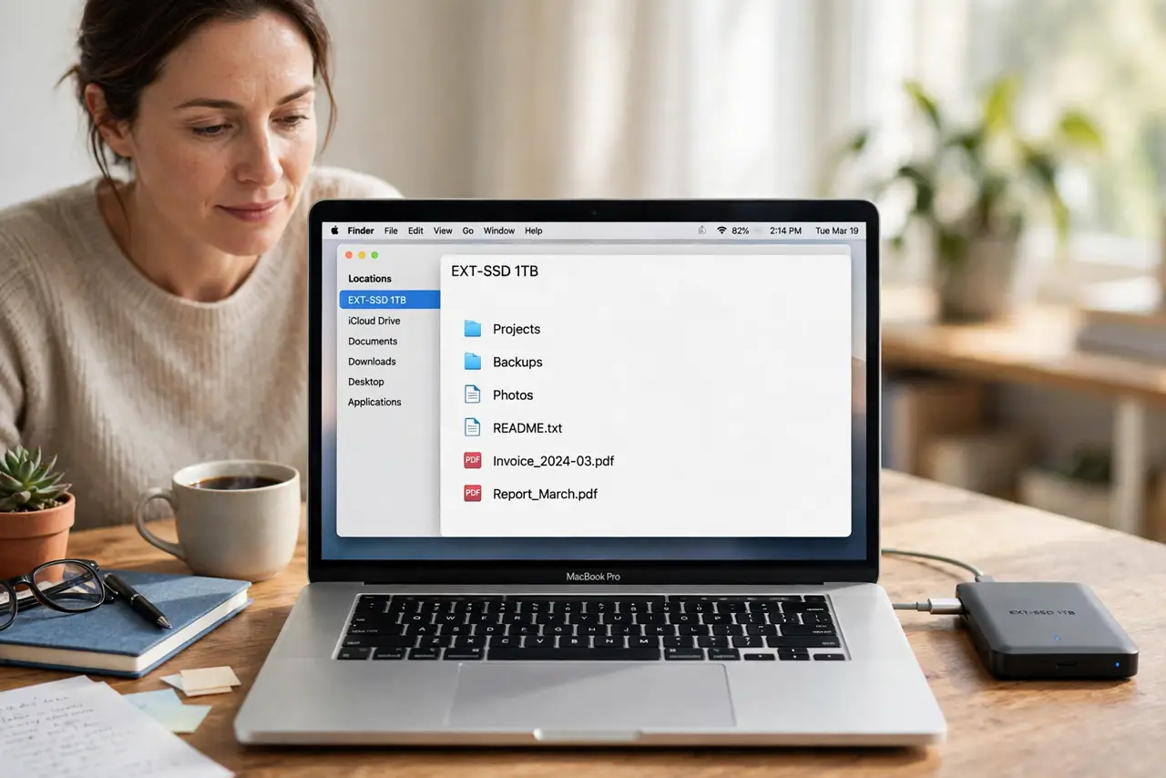 a calm adult at a desk with a real Mac laptop and a real external drive connected by cable, the Finder window showing the drive clearly visible and legible on the real Mac screen.