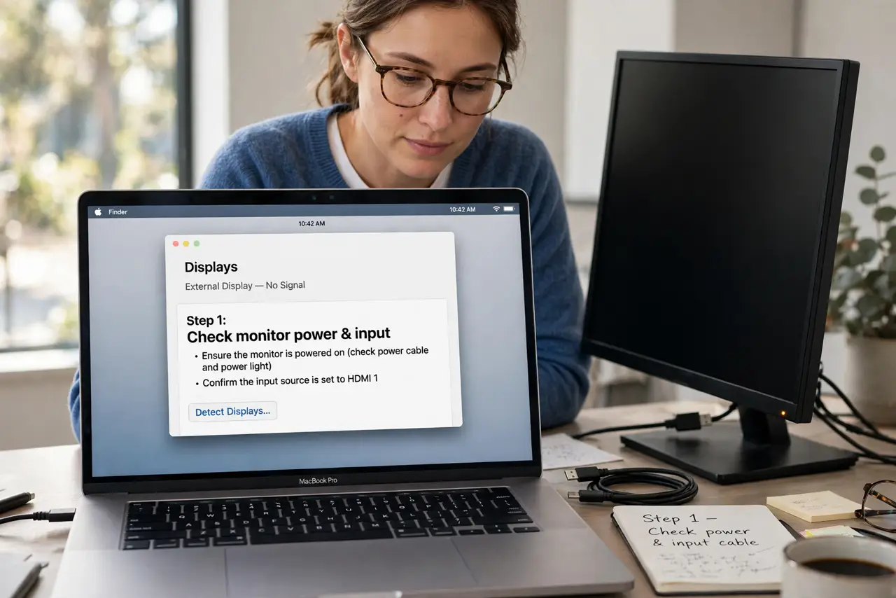 A person performing the first step: Check monitor power and input.