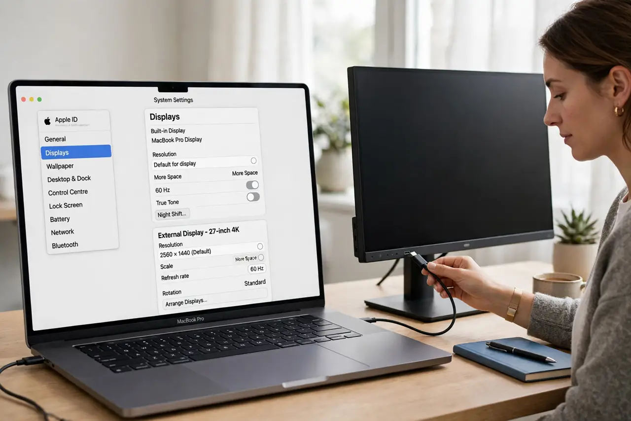 a calm adult at a desk connecting a cable to a real external display beside a real Mac laptop, the macOS Displays settings screen clearly visible and legible on the real Mac screen.