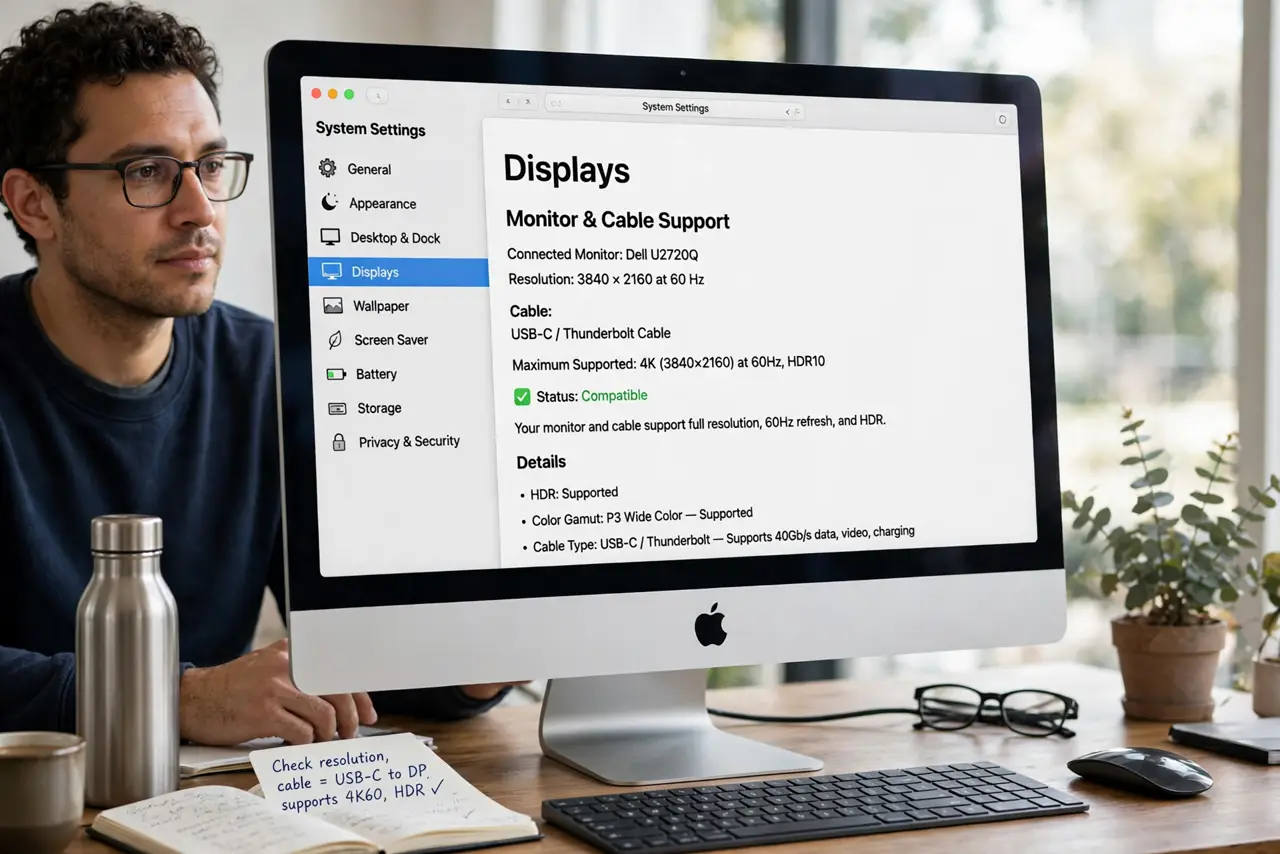 Step 1 in action for External Monitor Stuck at Low Refresh on Mac: Check what your monitor and cable support.