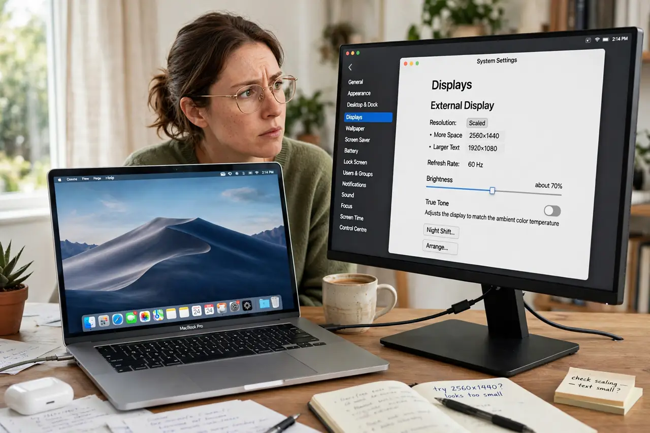 External Monitor Stuck at Low Refresh on Mac — a focused adult at a desk looking at a real external monitor connected to a MacBook, the monitor showing the m