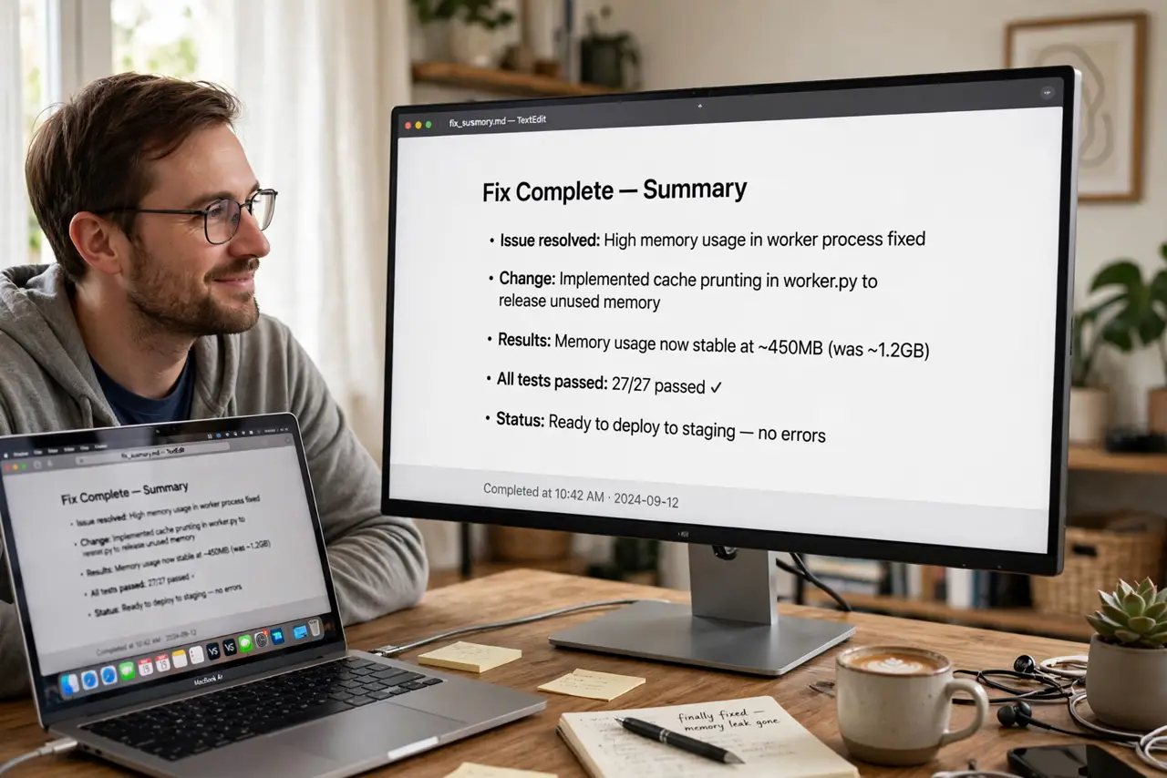 a person at a real desk looking at an external monitor connected to a MacBook, the screen showing crisp legible text after the fix, the person's face relieved, home office.