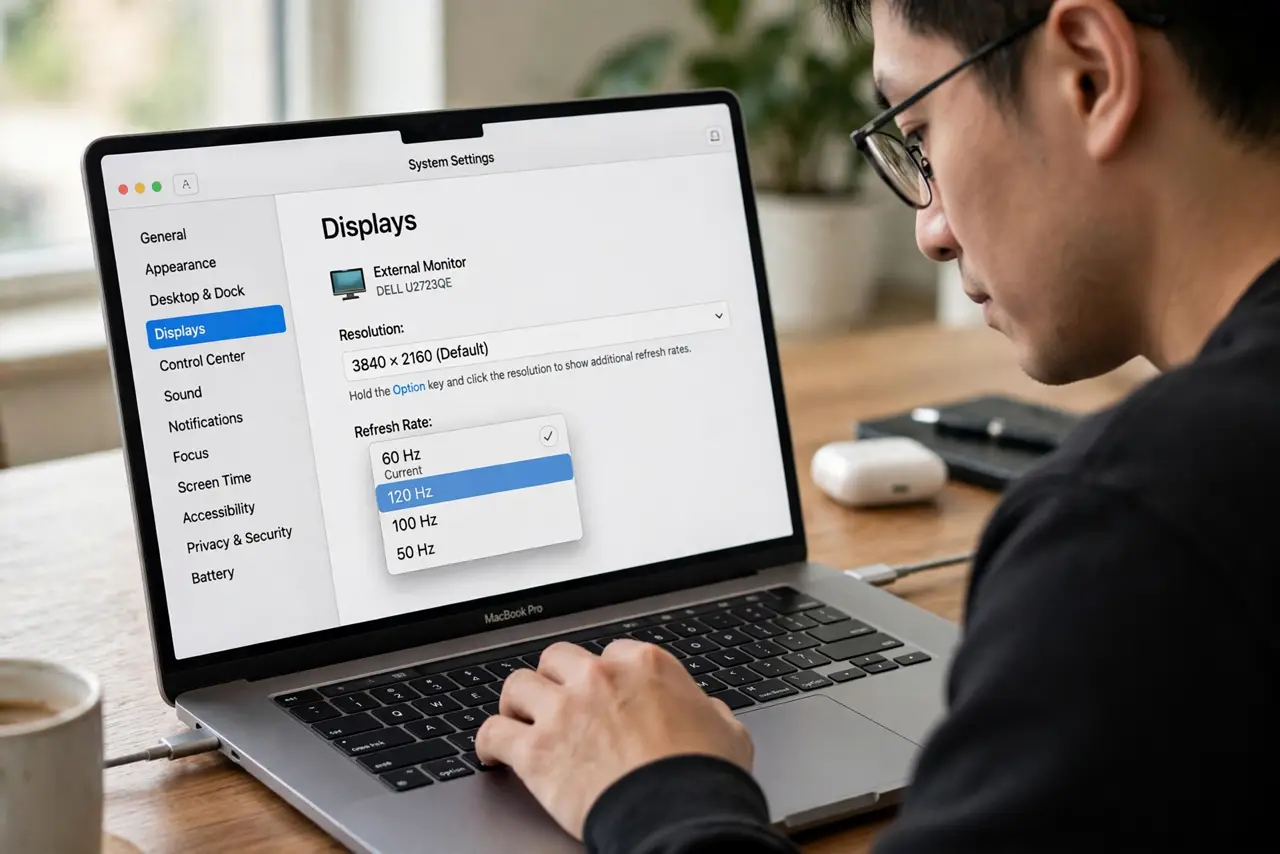 A person performing step 1: Find the hidden refresh-rate menu. Open System Settings, then Displays, and select your external monitor. Hold.