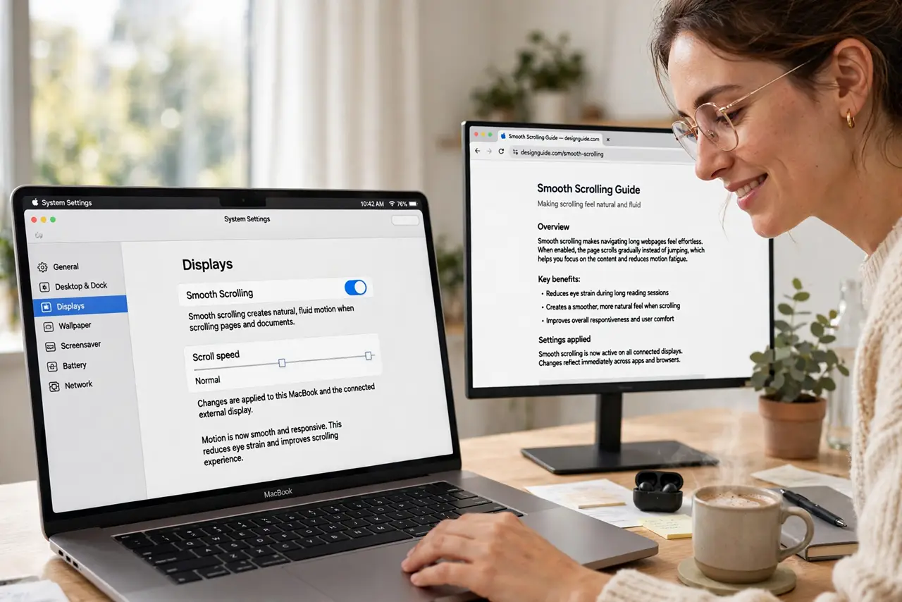 A person adjusting settings on a real MacBook connected to a real external monitor showing a smooth scrolling webpage with legible text, the person's face pleased as motion.