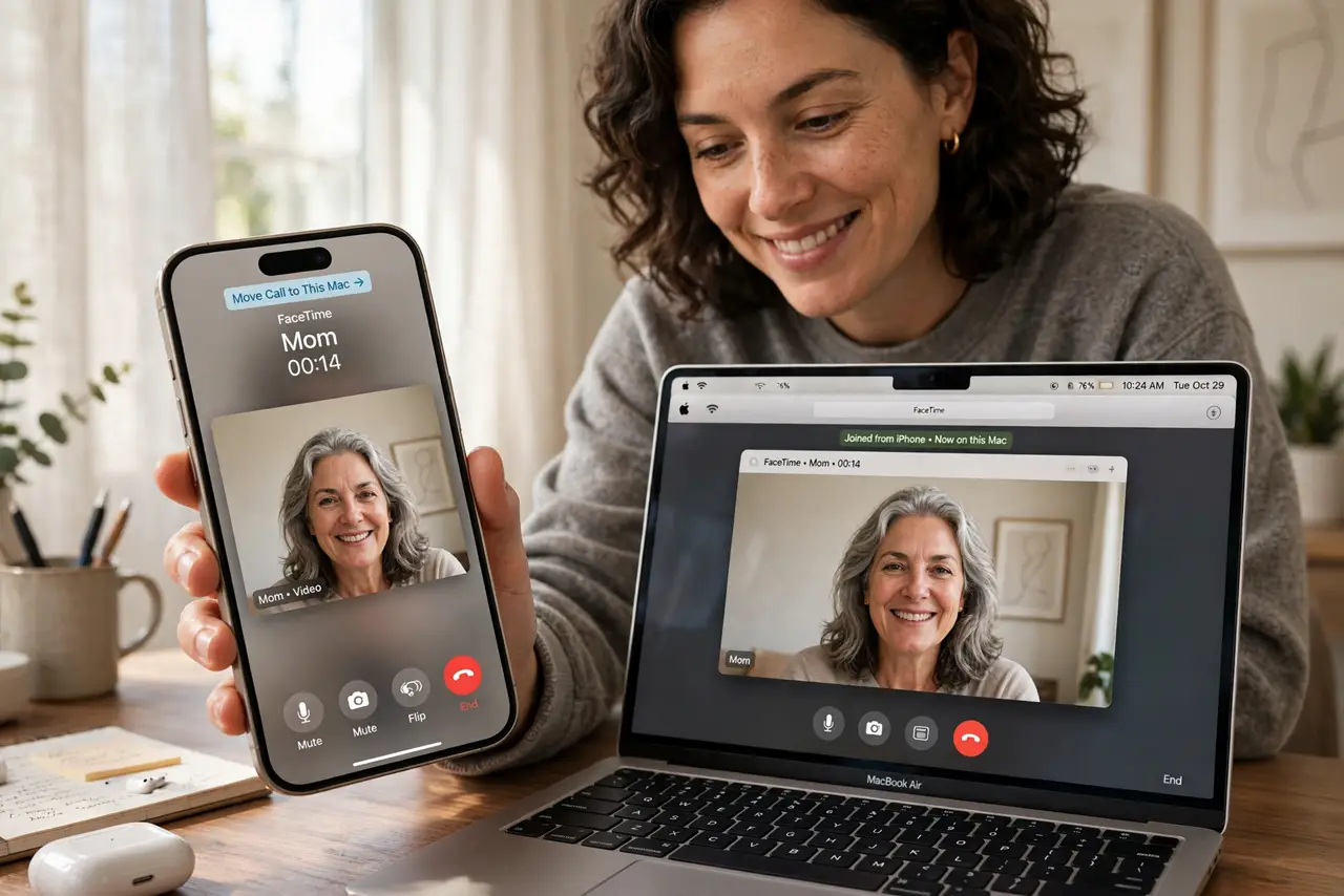 A person moving a live FaceTime call from a real iPhone to a real MacBook on a desk, both screens showing the call interface legible, the person's face…