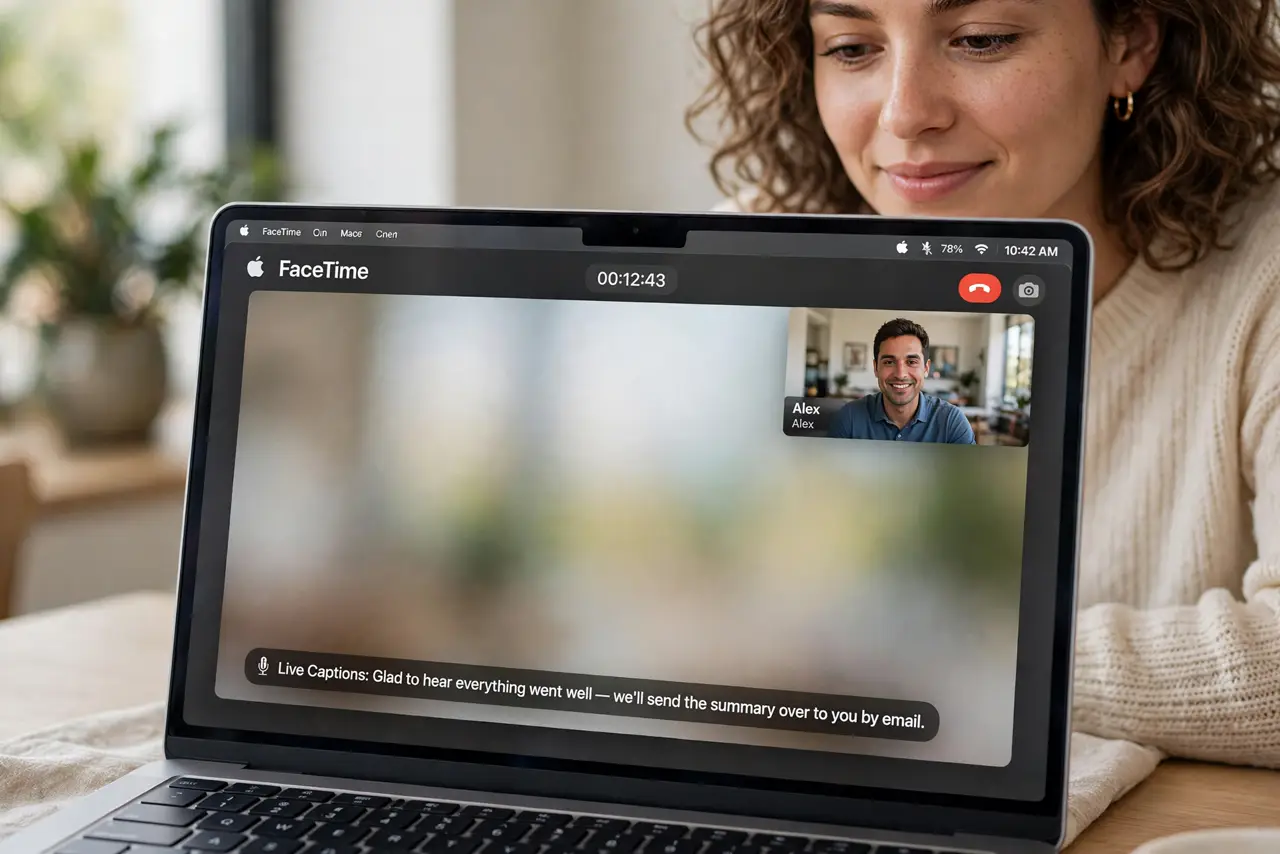 A person on a FaceTime call on a real MacBook with live caption subtitles clearly legible across the bottom of the call window, the person's face attentive and relieved.