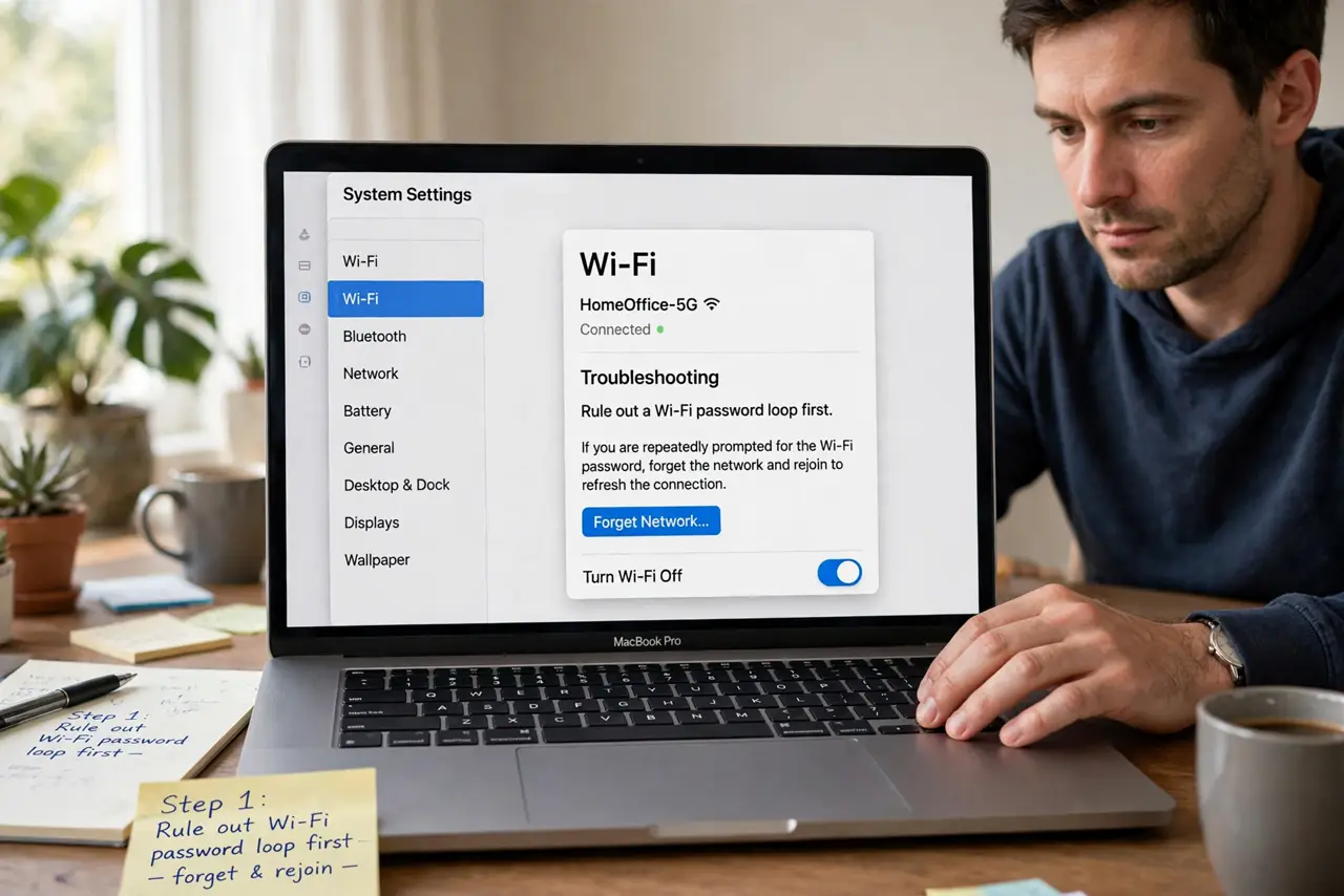 Step 1 in action for FaceTime Says Poor Connection on Good Wi-Fi: Rule out a Wi-Fi password loop first.
