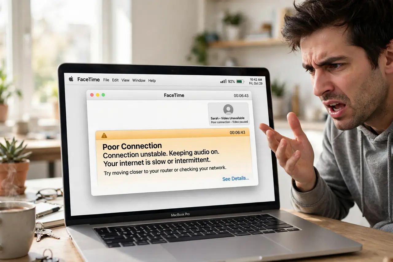 FaceTime Says Poor Connection on Good Wi-Fi — an annoyed adult on a MacBook in a FaceTime call showing a poor connection warning with fully legible text, th