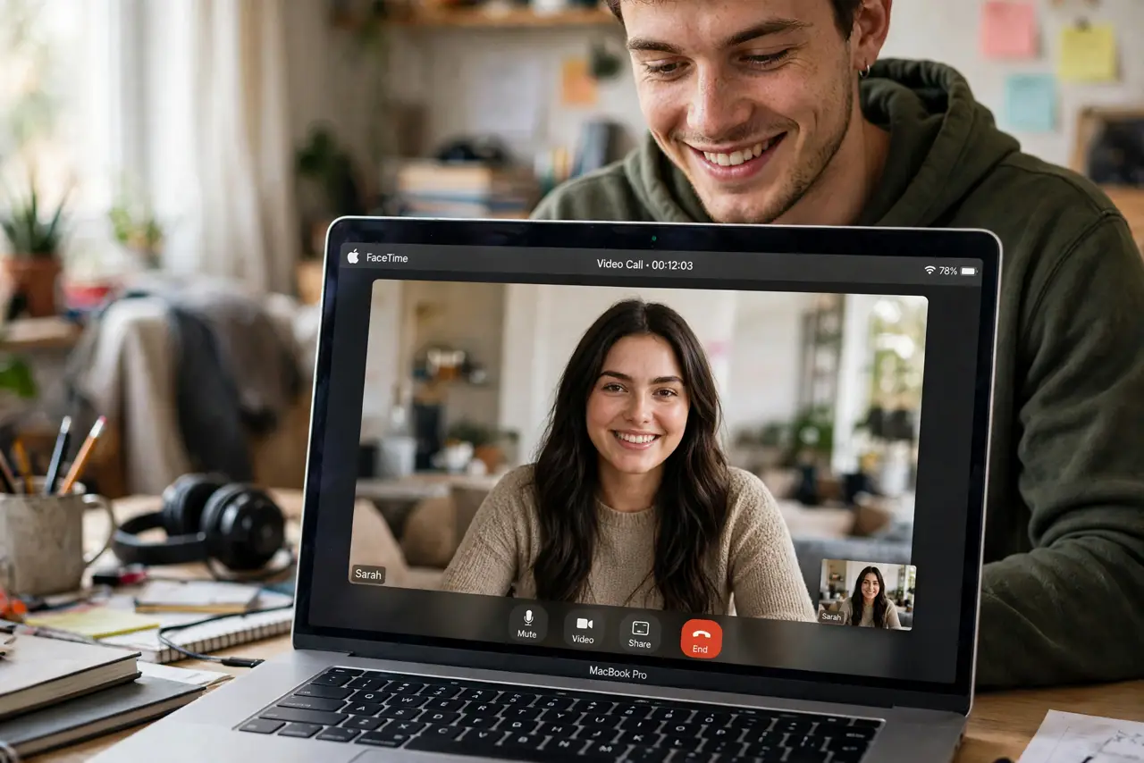 A person on a video call on a real MacBook with the background softly blurred and the person's face sharp and clear, a messy room visible but blurred behind them.