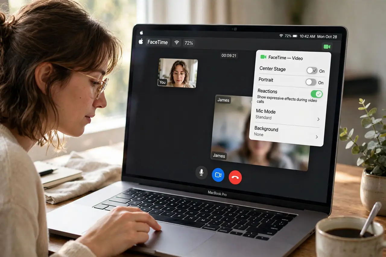A person performing the guide's first step: Find the Reactions toggle. During any video call, click the FaceTime (video) icon in the menu bar — the one that appears when your camera…