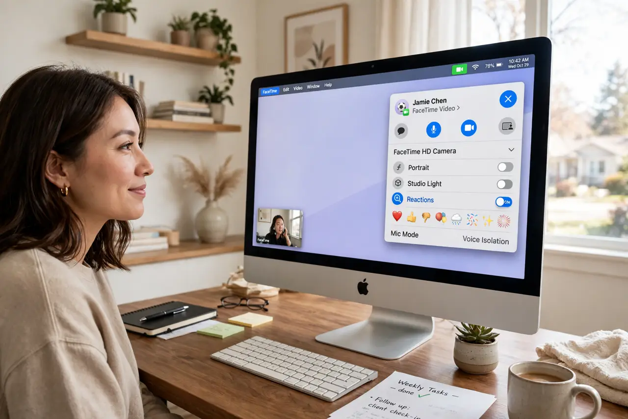 A person on a real video call on a Mac with the FaceTime menu bar icon open showing the legible Reactions toggle, the person's face relieved, home office..
