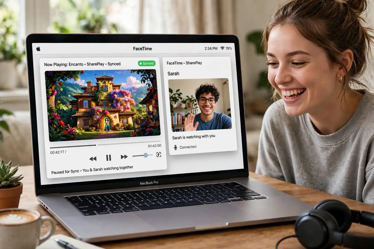 A person watching a movie on a real MacBook with a FaceTime SharePlay window showing a friend's video feed beside the synced movie, both fully legible, the person's face delighted.