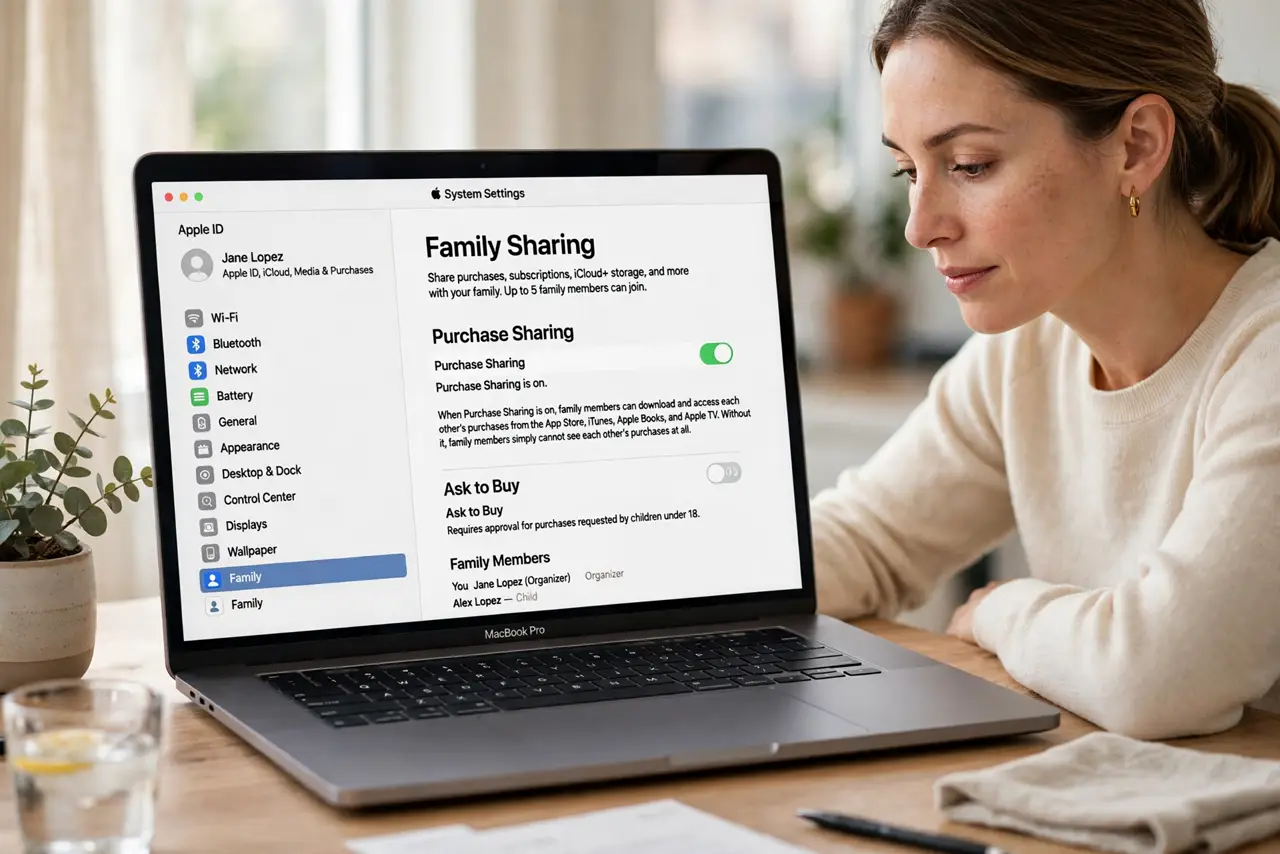 A Family Purchase Will Not Share on Mac — step 1 being performed on the device.