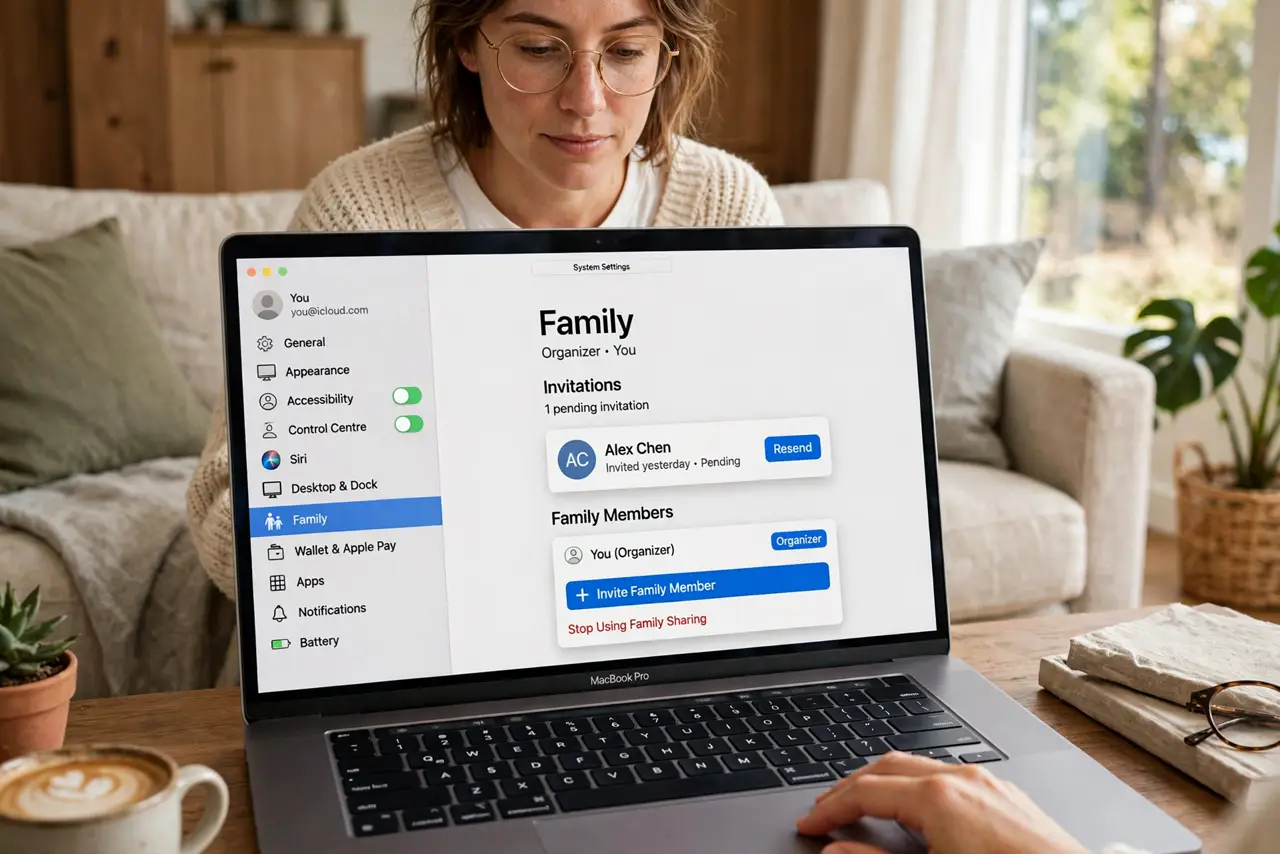 A person performing the first step: Open the Family settings. In System Settings, click Family in the sidebar. The.