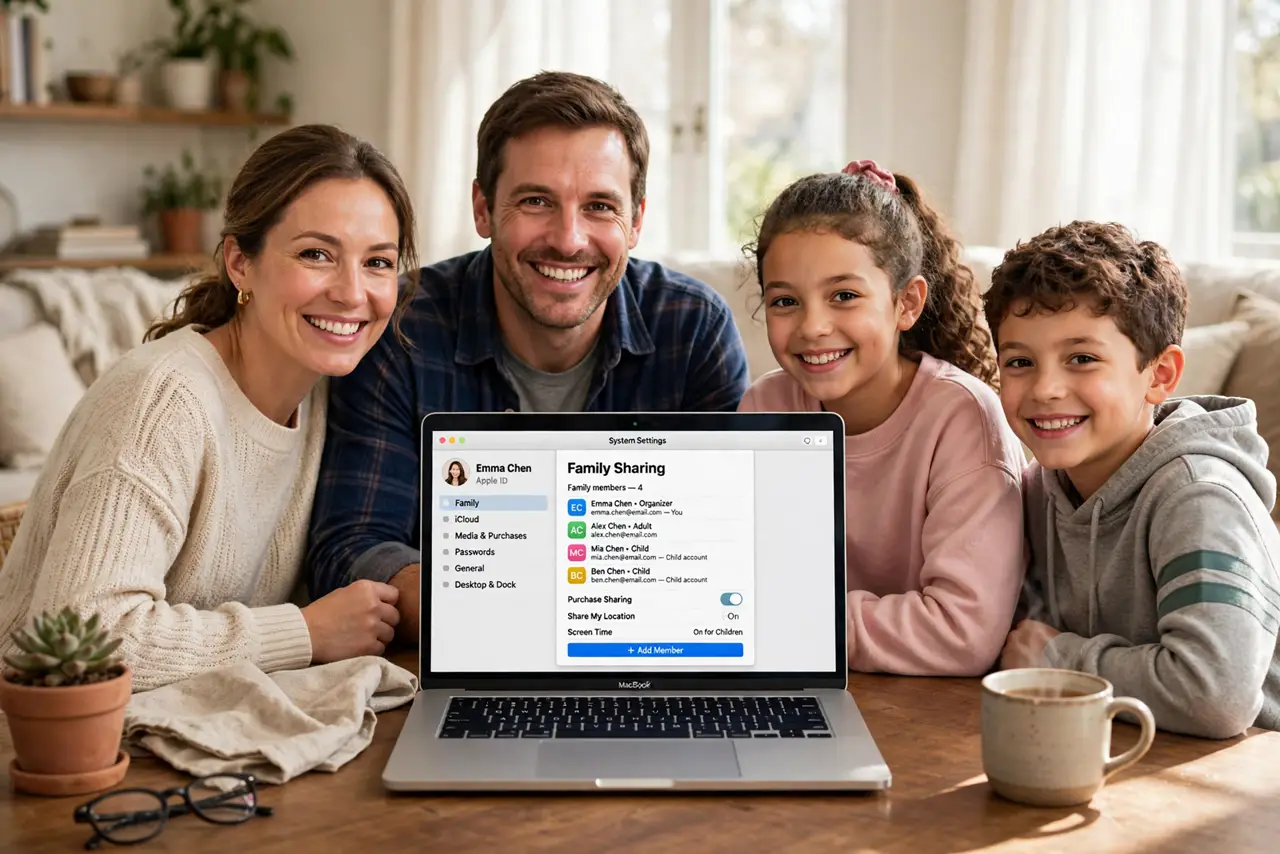 A family gathered around a MacBook on a living room table, the screen showing Family Sharing settings with member