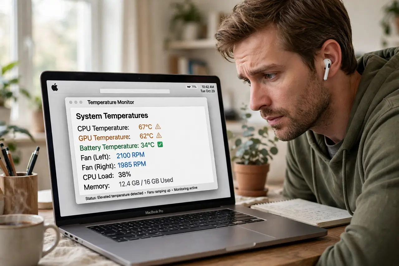 Photoreal photo: a person listening to a real MacBook with a slight look of concern, a real temperature monitor app with legible readings on screen, the person's face curious, home office. No black screen, no blank white screen, no fa