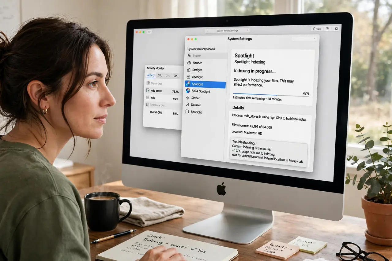 Step 1 in action for Mac Fan Roars After an Update: Confirm indexing is the cause.