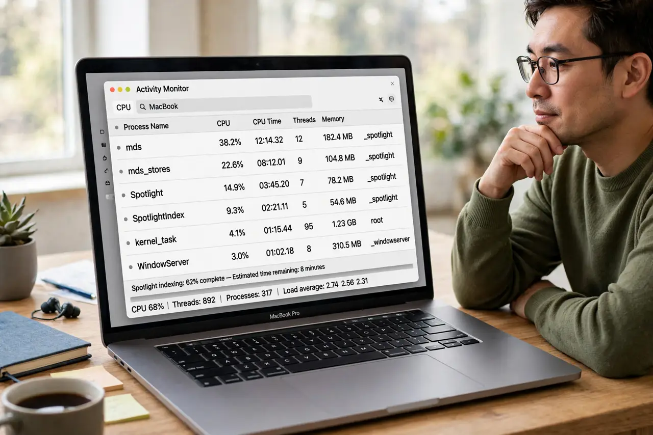 Mac Fan Roars After an Update — a calm adult working near a MacBook with audible fan noise, Activity Monitor open showing indexing processes w