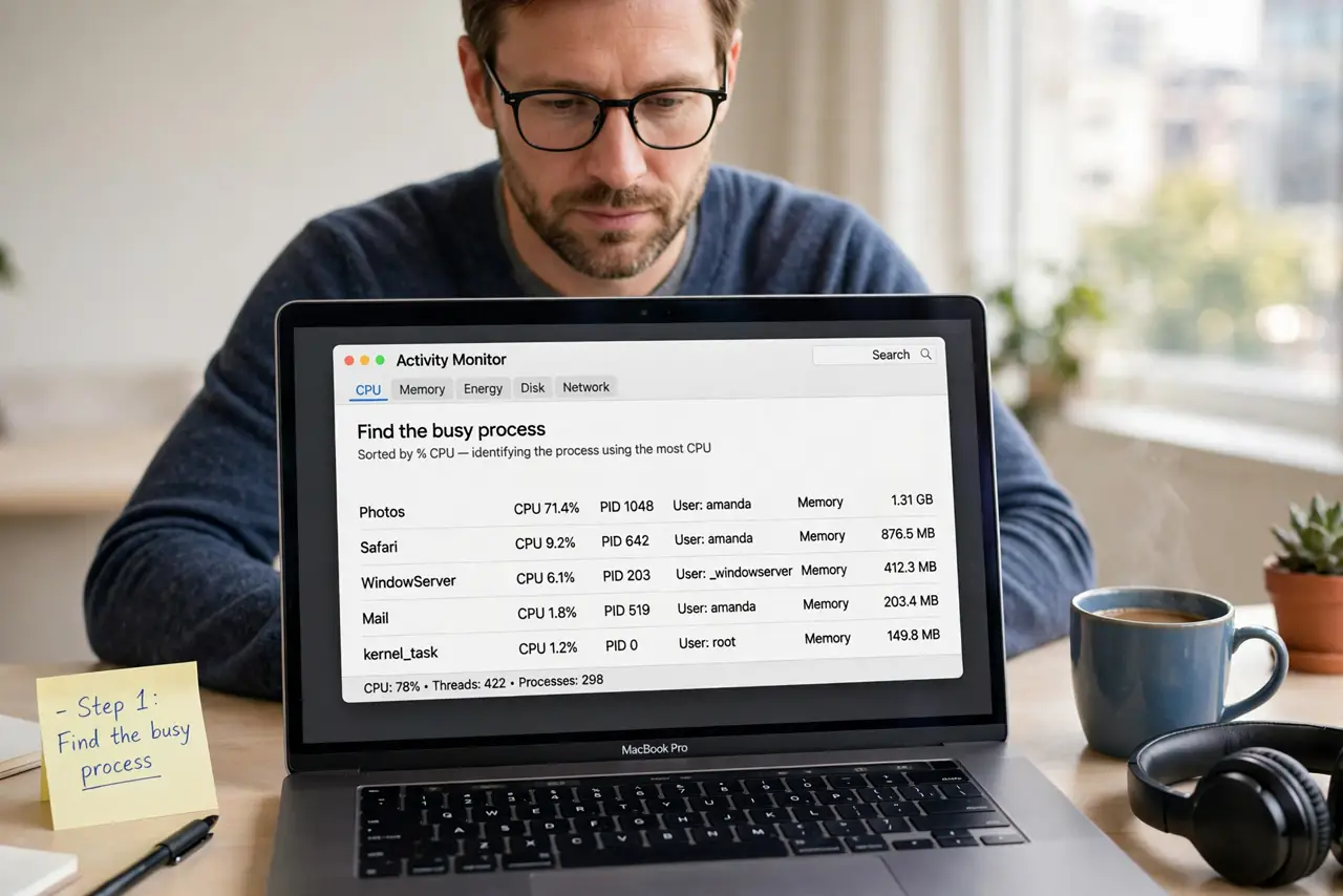 A person performing the first step: Find the busy process.