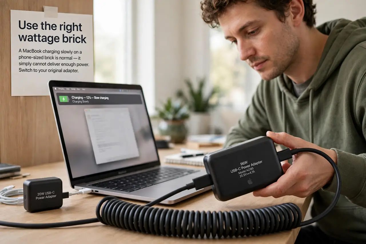 A person performing step 1: Use the right wattage brick. A MacBook charging slowly on a phone-sized brick is normal — it simply cannot del.